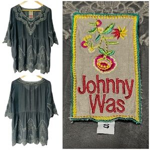 Johnny Was Eyelet Lace Short Sleeve Tunic Blouse Rayon Tonal Stitches Slate Grey